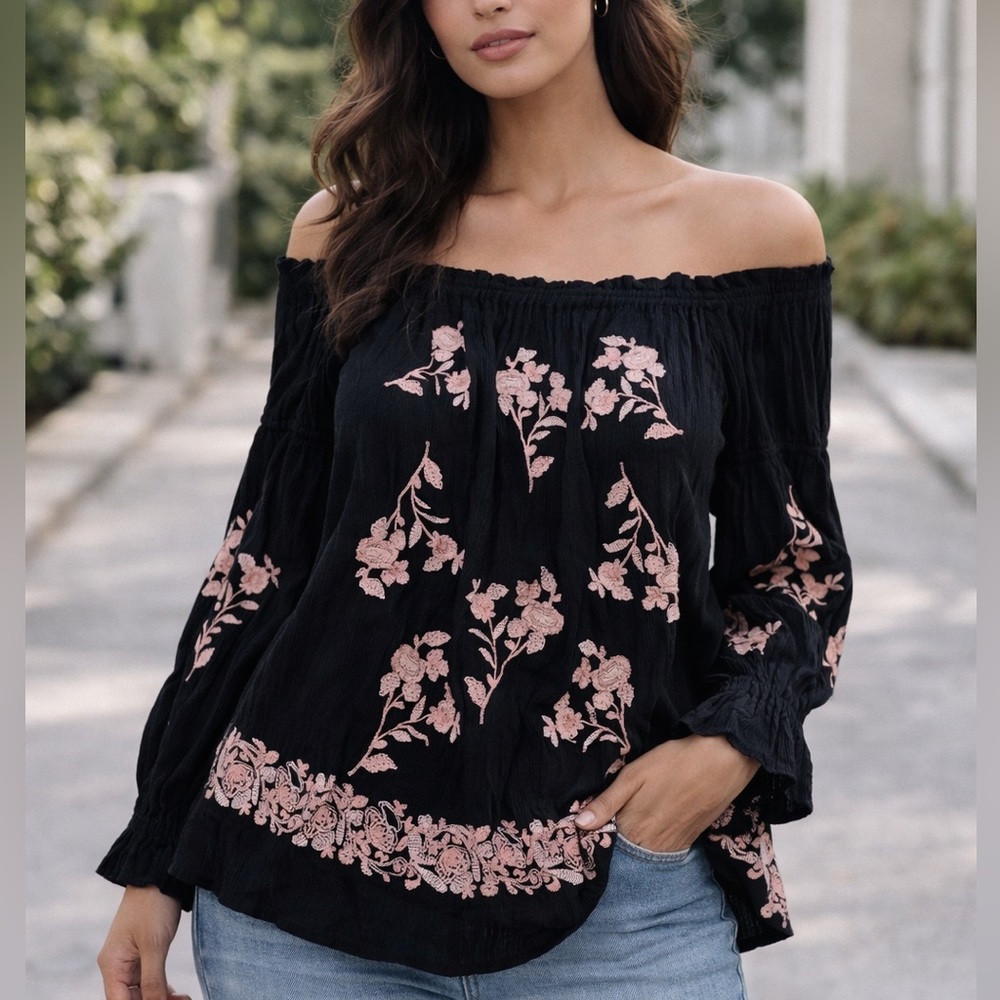 American Eagle Outfitters Black Top with Pink Floral Embroidery